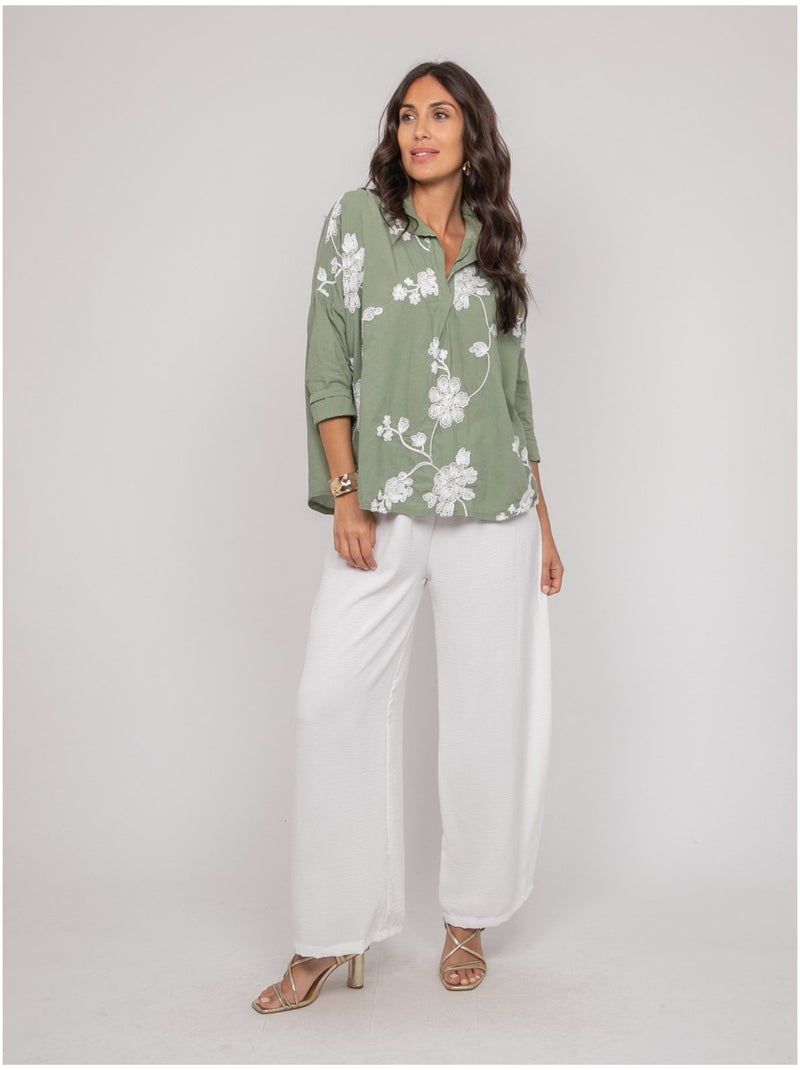Blusa a maniche lunghe con ricamo OPEYA Cachi - Kiabi