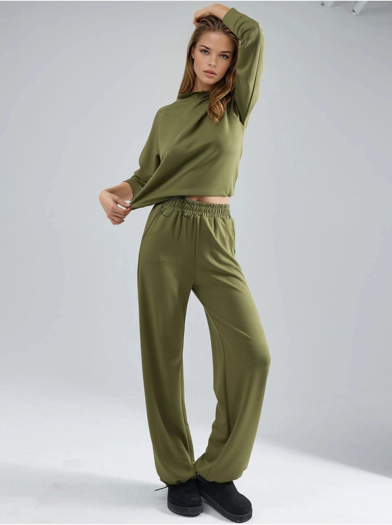 Blusa a mezzo collo modal touch e pantaloni con vita elasticizzata collezione bersan hiccup Cachi - Kiabi