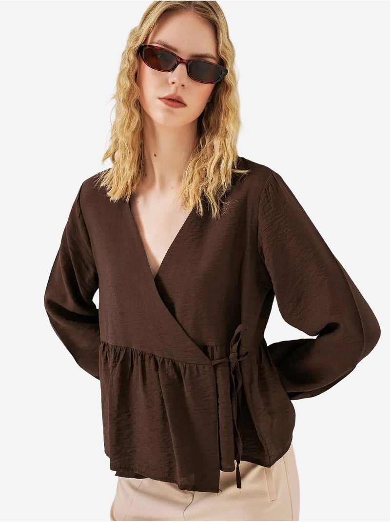Blusa a portafoglio in crepe con scollo a v e dettaglio fiocco bdart Marrone cioccolato - Kiabi