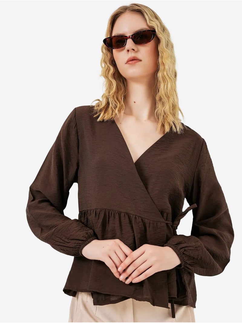 Blusa a portafoglio in crepe con scollo a v e dettaglio fiocco bdart Marrone cioccolato - Kiabi
