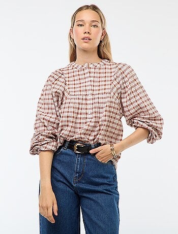 Blusa a quadri con apertura abbottonata al collo