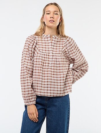 Blusa a quadri con apertura abbottonata al collo
