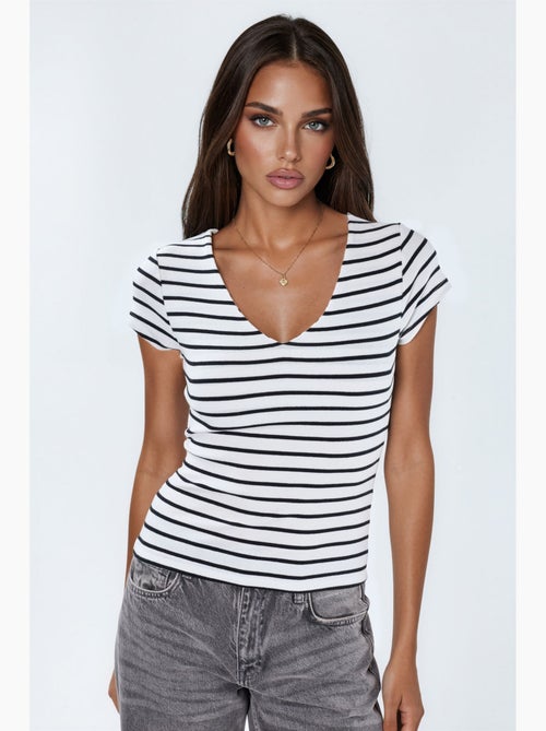 Blusa a righe in misto cotone con scollo a v busem - Kiabi Blusa a righe in misto cotone con scollo a v busem - Kiabi