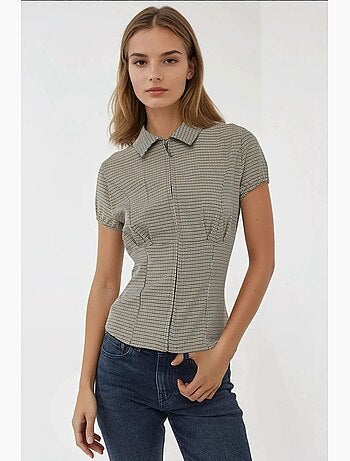 Blusa aderente a quadri colletto camicia hiccup