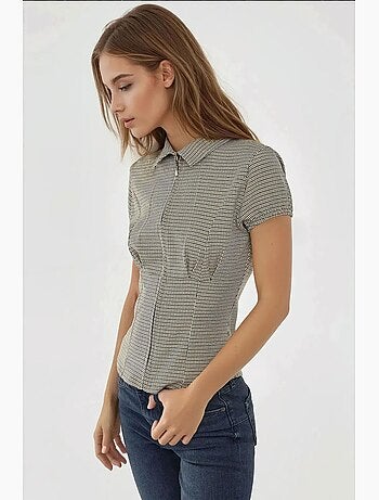 Blusa aderente a quadri colletto camicia hiccup