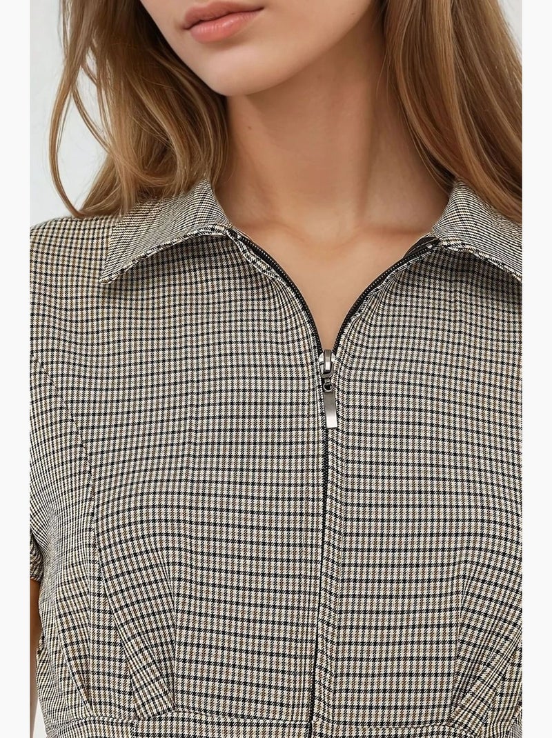 Blusa aderente a quadri colletto camicia hiccup Crema - Kiabi