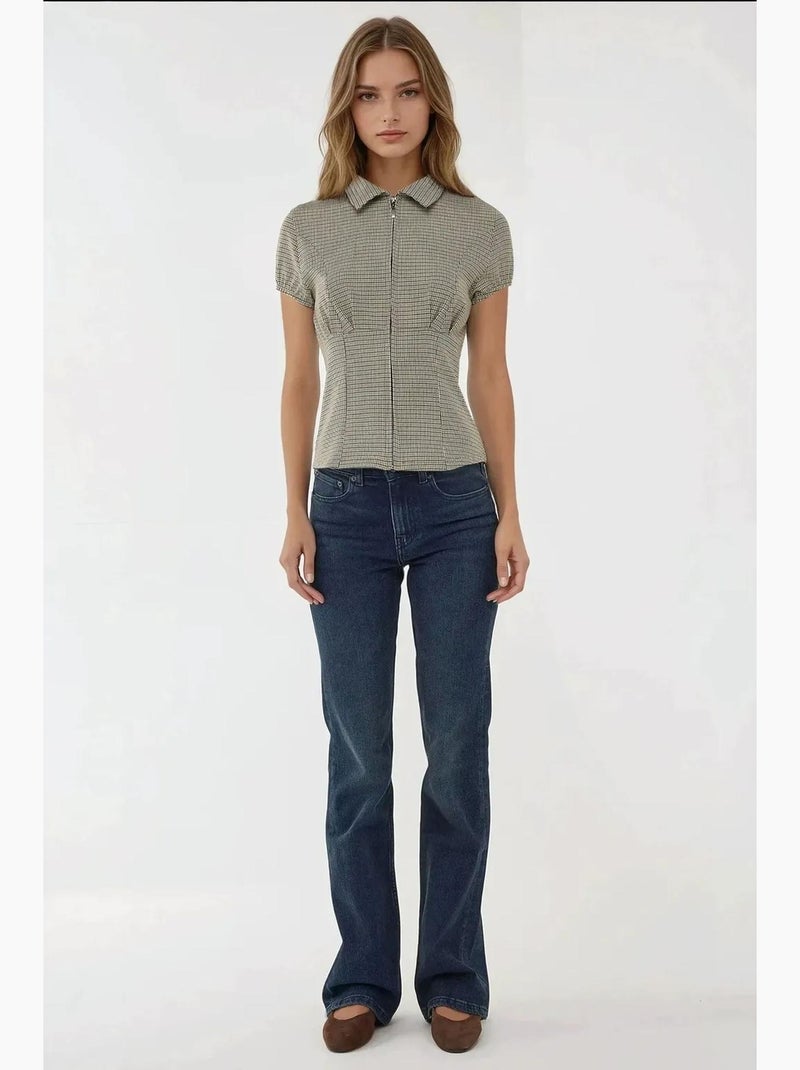 Blusa aderente a quadri colletto camicia hiccup Crema - Kiabi