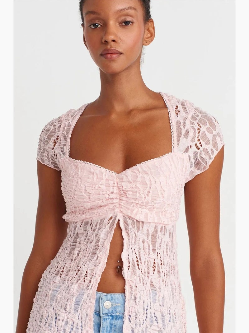 Blusa aderente in pizzo scollo quadrato dilvin Rosa pallido - Kiabi