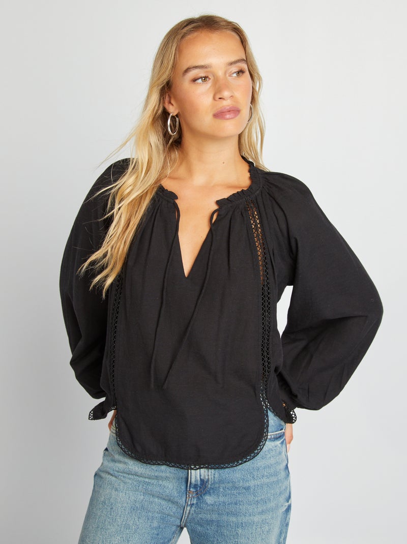 Blusa ampia in misto lino nero - Kiabi