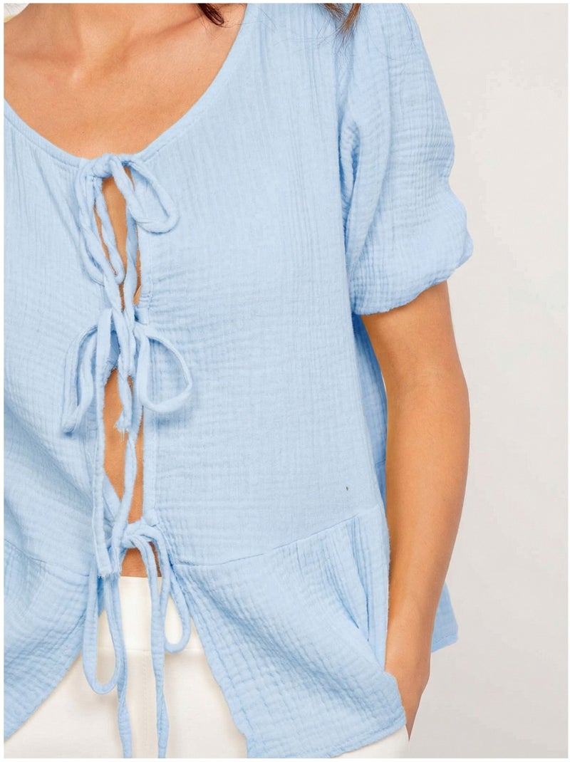 Blusa annodata in garza di cotone OLERVIE Blu cielo - Kiabi