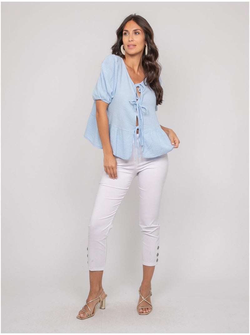 Blusa annodata in garza di cotone OLERVIE Blu cielo - Kiabi
