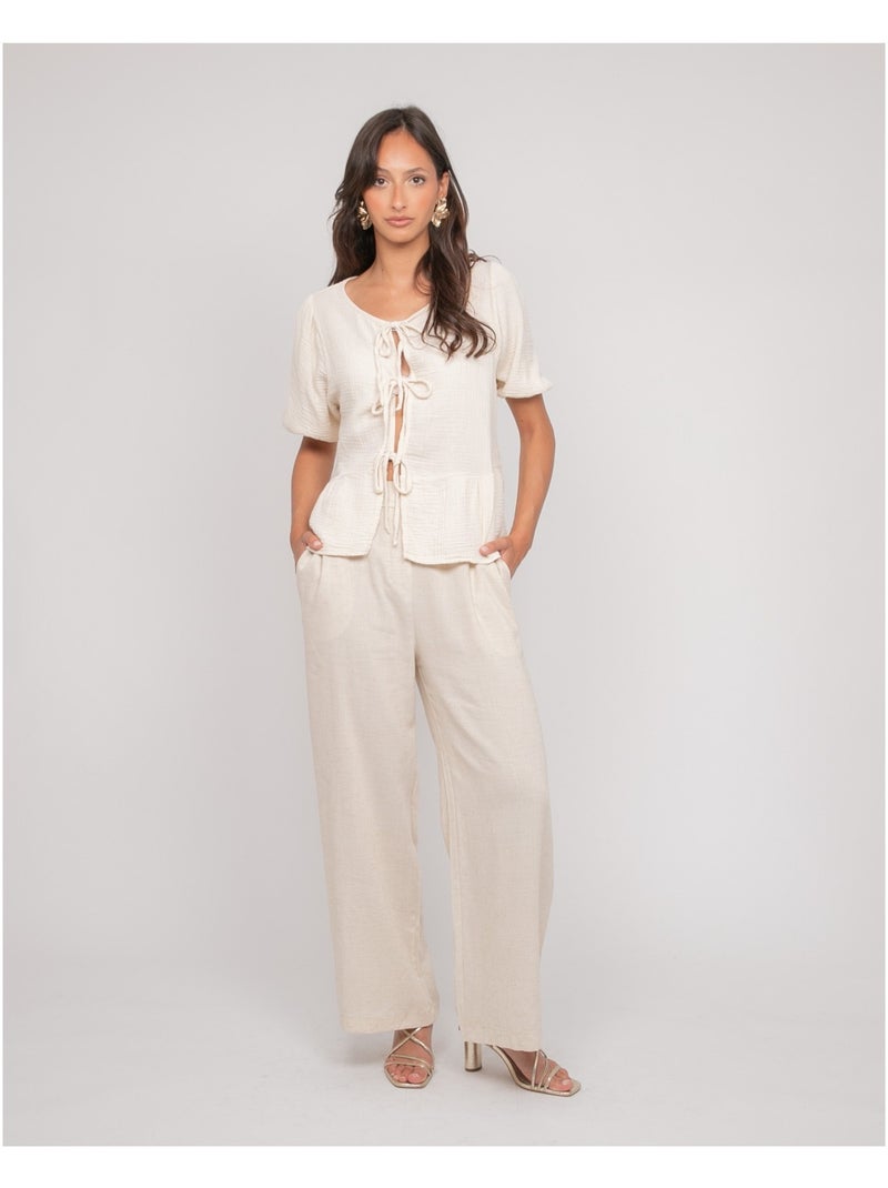 Blusa annodata in garza di cotone OLERVIE Ecru - Kiabi