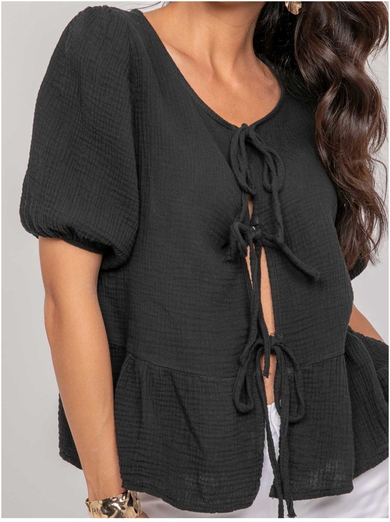 Blusa annodata in garza di cotone OLERVIE Nero - Kiabi