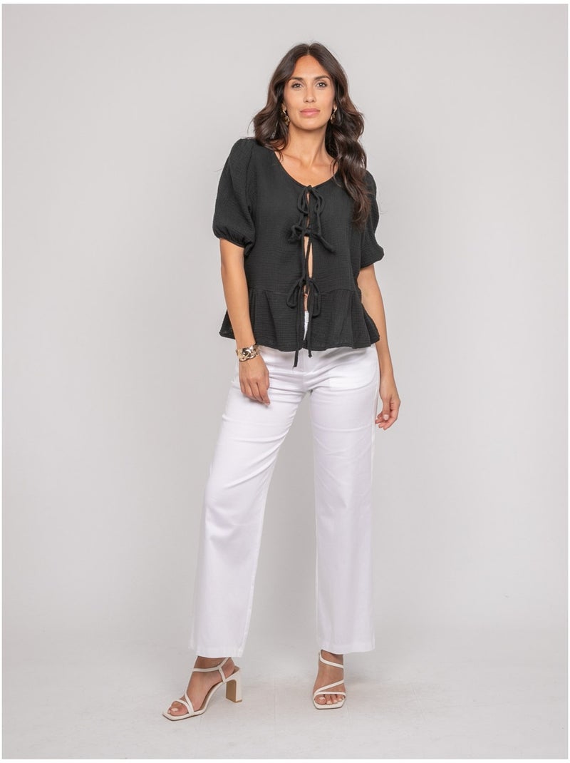 Blusa annodata in garza di cotone OLERVIE Nero - Kiabi