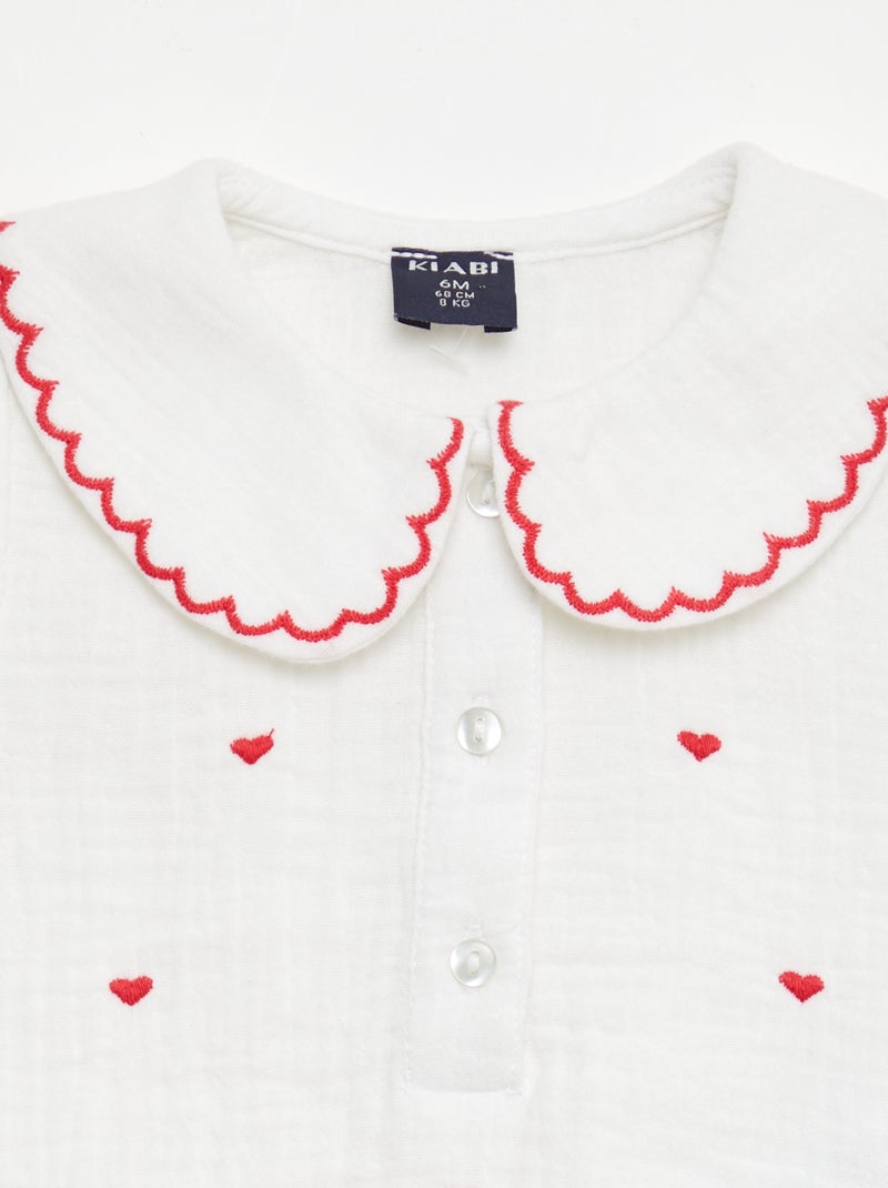 Blusa colletto Claudine e ricami 'cuori' Bianco - Kiabi