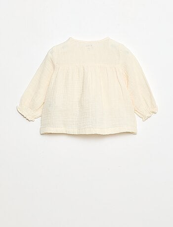 Blusa con colletto all'uncinetto in garza di cotone tinta unita