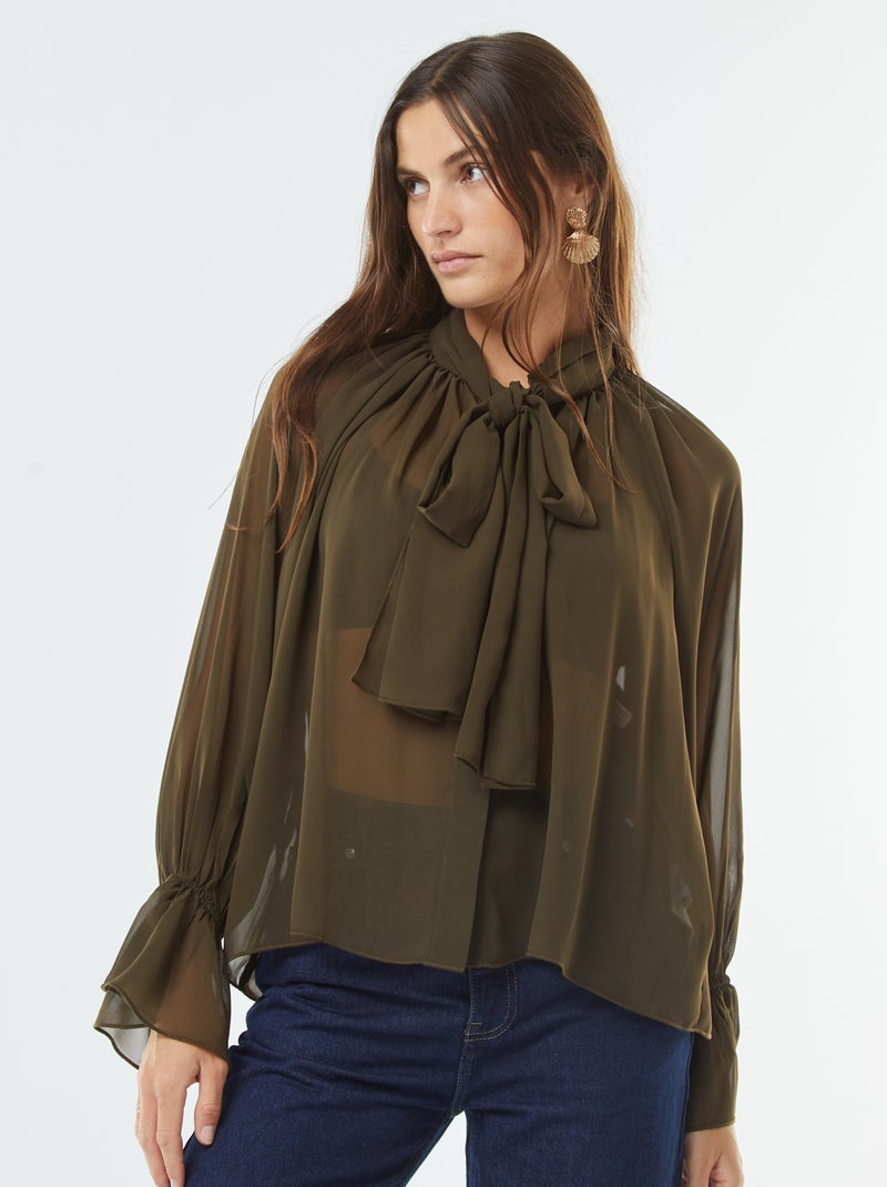 Blusa con collo a fiocco e maniche con volant Kaki - Kiabi