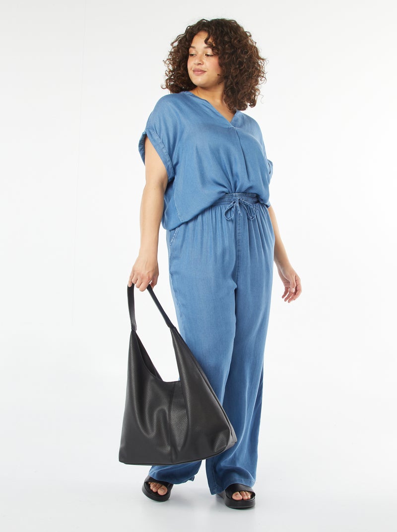 Blusa con maniche corte arrotolabili e collo alla coreana BLU - Kiabi