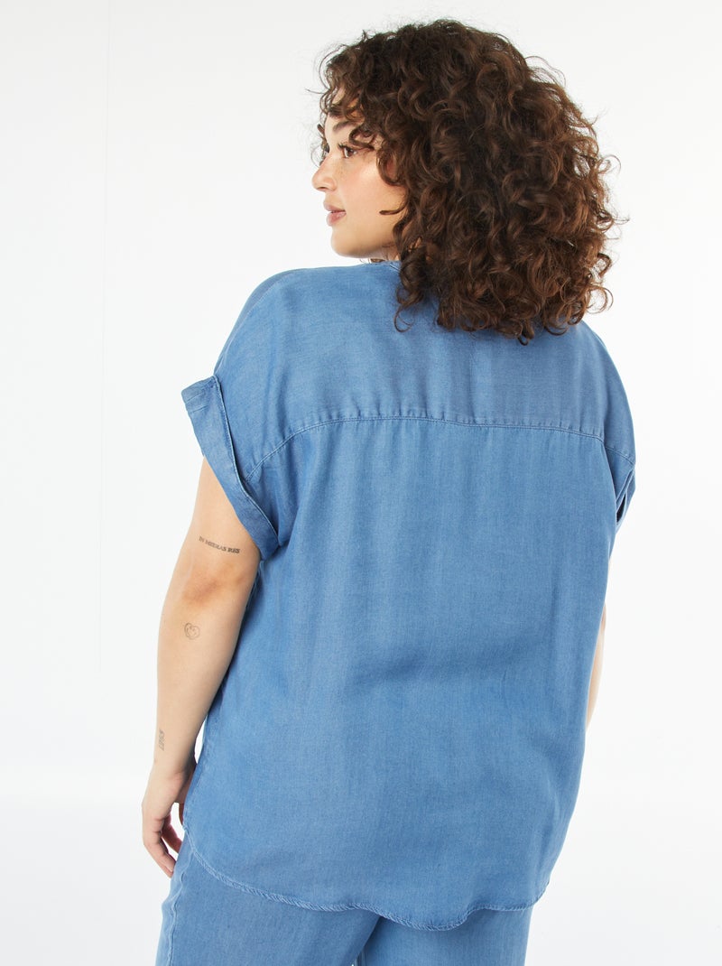 Blusa con maniche corte arrotolabili e collo alla coreana BLU - Kiabi