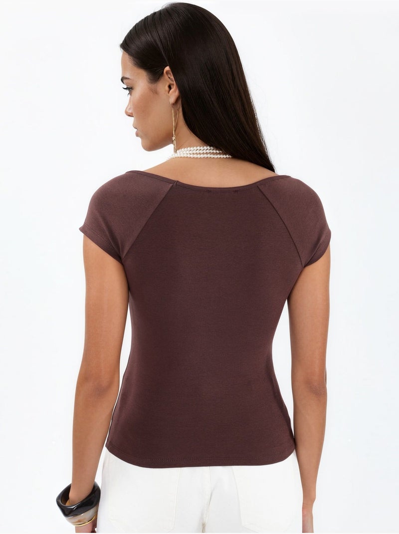 Blusa con scollo a v e maniche corte con drappeggio busem Marrone - Kiabi