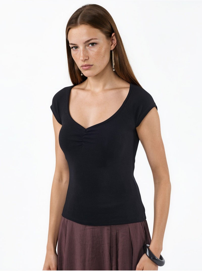 Blusa con scollo a v e maniche corte con drappeggio busem Nero - Kiabi