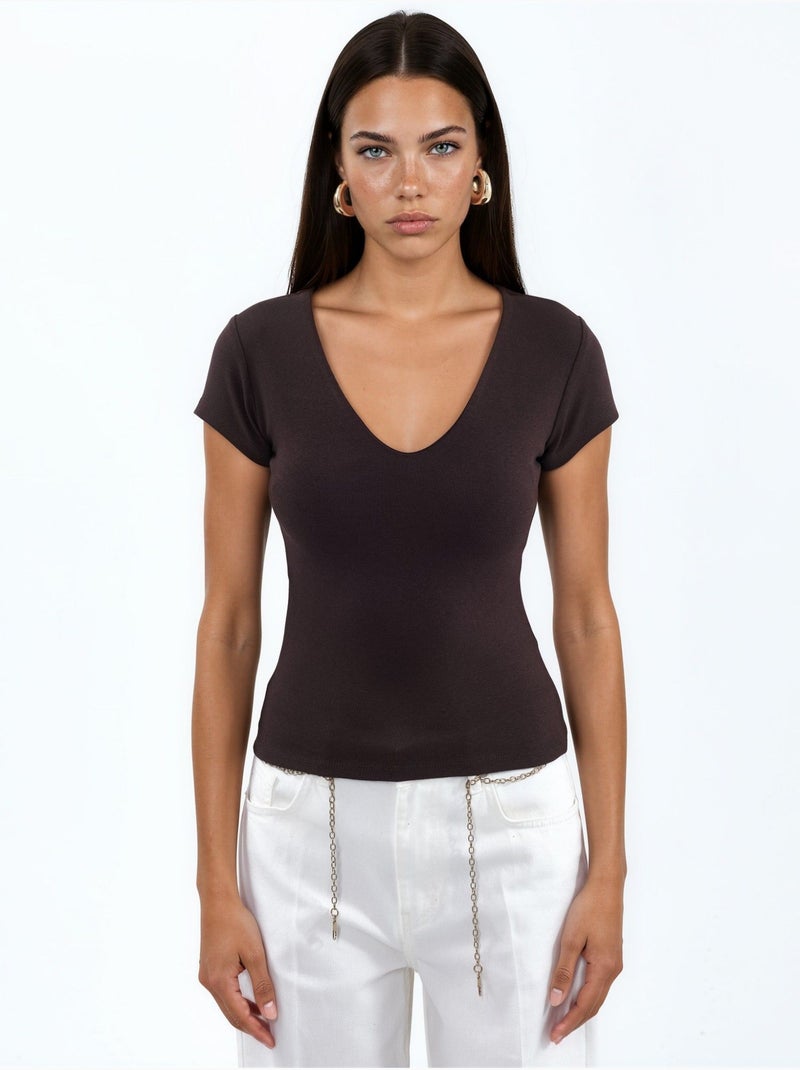 Blusa con scollo a v in misto modal e cotone busem Marrone cioccolato - Kiabi