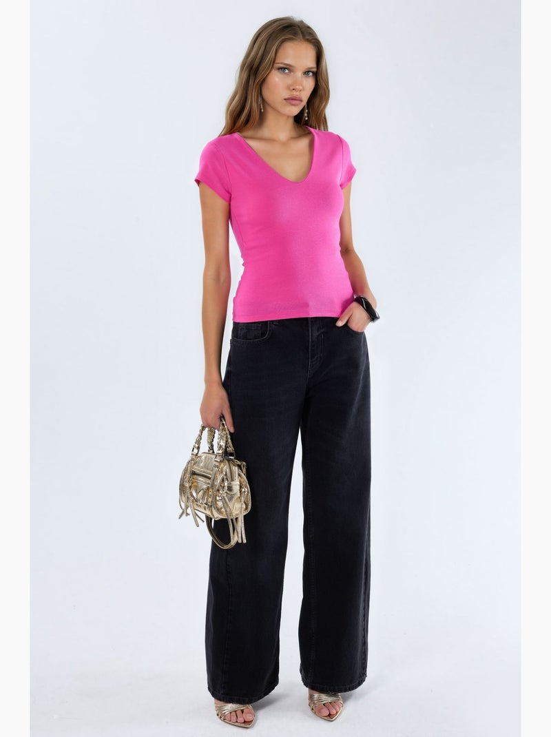 Blusa con scollo a v in misto modal e cotone busem Rosa fluo/Solinotes - Kiabi
