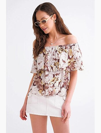 Blusa con stampa floreale e spalle scoperte mixray