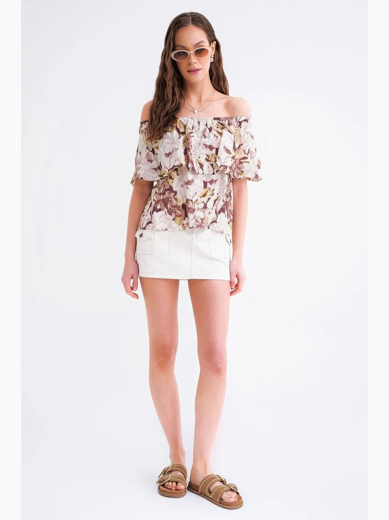 Blusa con stampa floreale e spalle scoperte mixray Cammello - Kiabi