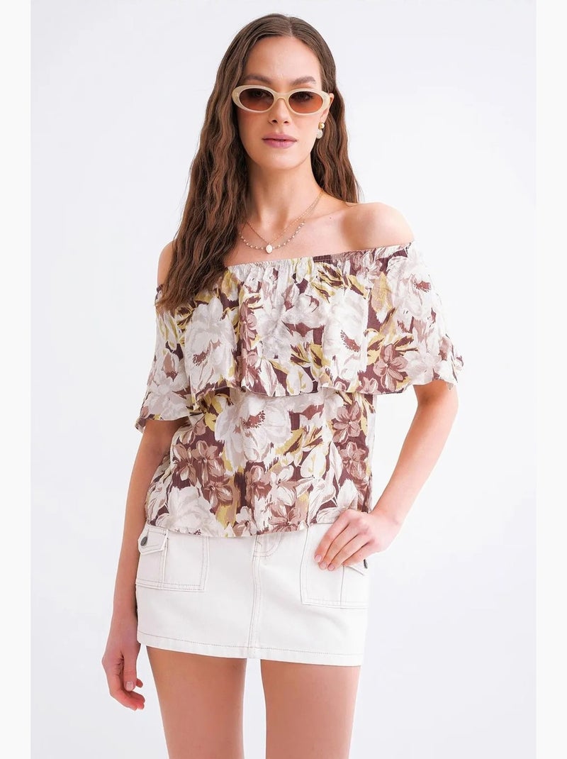 Blusa con stampa floreale e spalle scoperte mixray Cammello - Kiabi
