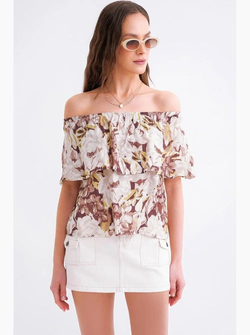Blusa con stampa floreale e spalle scoperte mixray - Kiabi Blusa con stampa floreale e spalle scoperte mixray - Kiabi