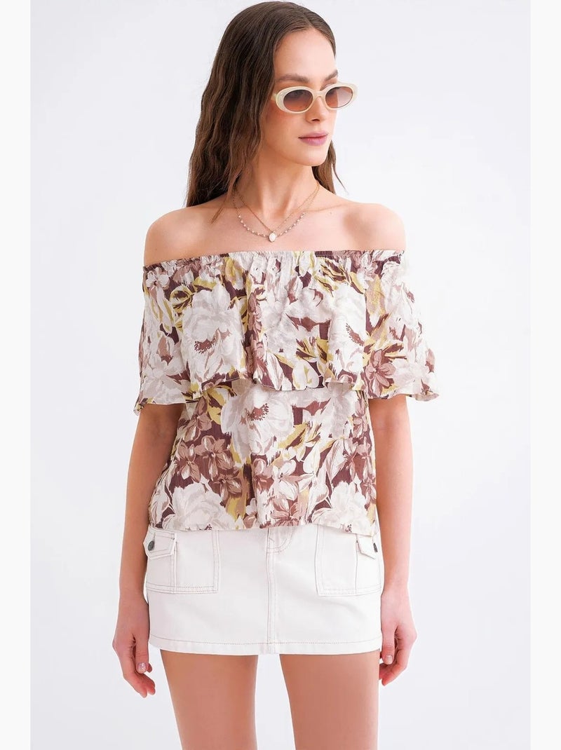 Blusa con stampa floreale e spalle scoperte mixray Cammello - Kiabi