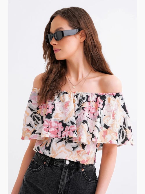 Blusa con stampa floreale e spalle scoperte mixray - Kiabi Blusa con stampa floreale e spalle scoperte mixray - Kiabi