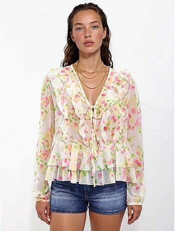 Blusa con volant, scollo a V e fantasia