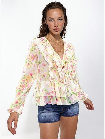 Blusa con volant, scollo a V e fantasia