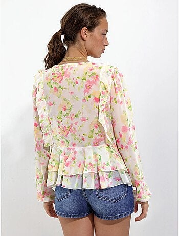 Blusa con volant, scollo a V e fantasia