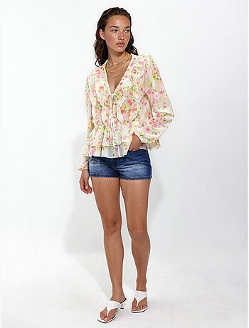 Blusa con volant, scollo a V e fantasia