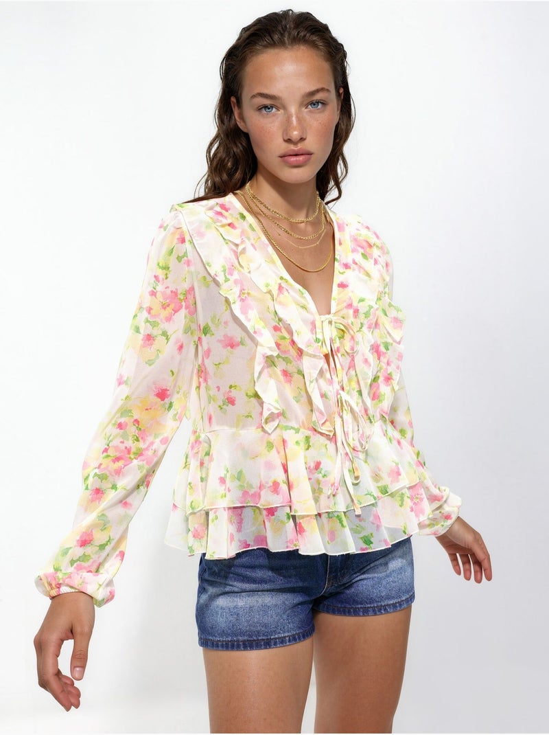 Blusa con volant, scollo a V e fantasia Multicolore - Kiabi