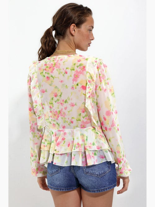 Blusa con volant, scollo a V e fantasia - Kiabi Blusa con volant, scollo a V e fantasia - Kiabi
