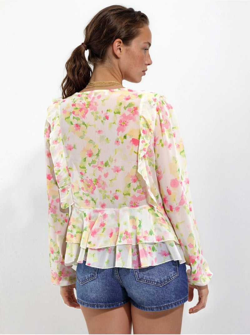 Blusa con volant, scollo a V e fantasia Multicolore - Kiabi