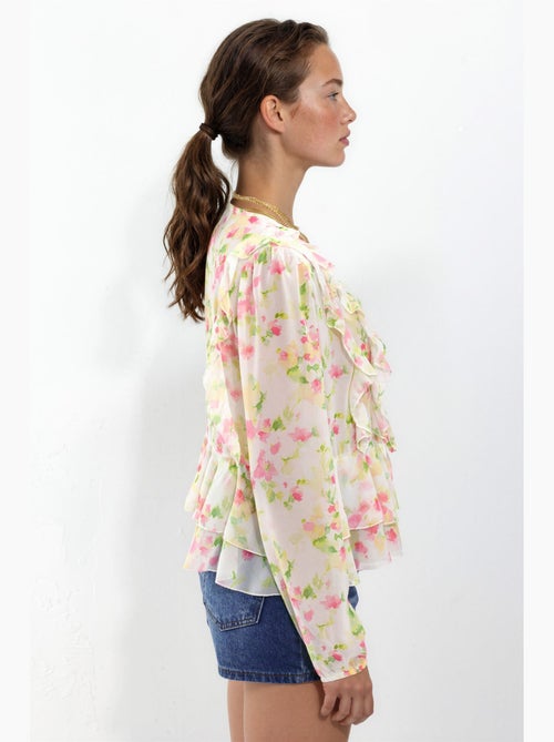 Blusa con volant, scollo a V e fantasia - Kiabi Blusa con volant, scollo a V e fantasia - Kiabi