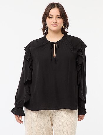 Blusa con volant su spalle e polsini + cordoncini da annodare al collo