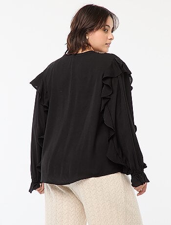 Blusa con volant su spalle e polsini + cordoncini da annodare al collo