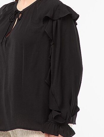 Blusa con volant su spalle e polsini + cordoncini da annodare al collo