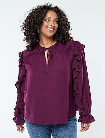 Blusa con volant su spalle e polsini + cordoncini da annodare al collo
