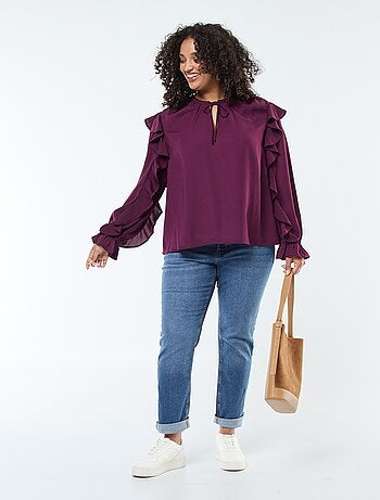 Blusa con volant su spalle e polsini + cordoncini da annodare al collo