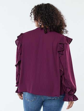 Blusa con volant su spalle e polsini + cordoncini da annodare al collo