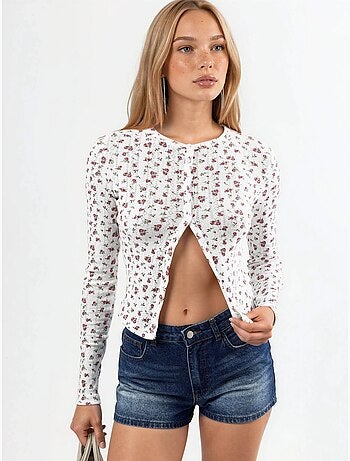 Blusa corta a coste con fiori e chiusura a bottoni busem