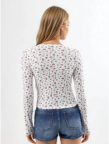 Blusa corta a coste con fiori e chiusura a bottoni busem