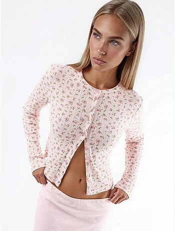 Blusa corta a coste con fiori e chiusura a bottoni busem